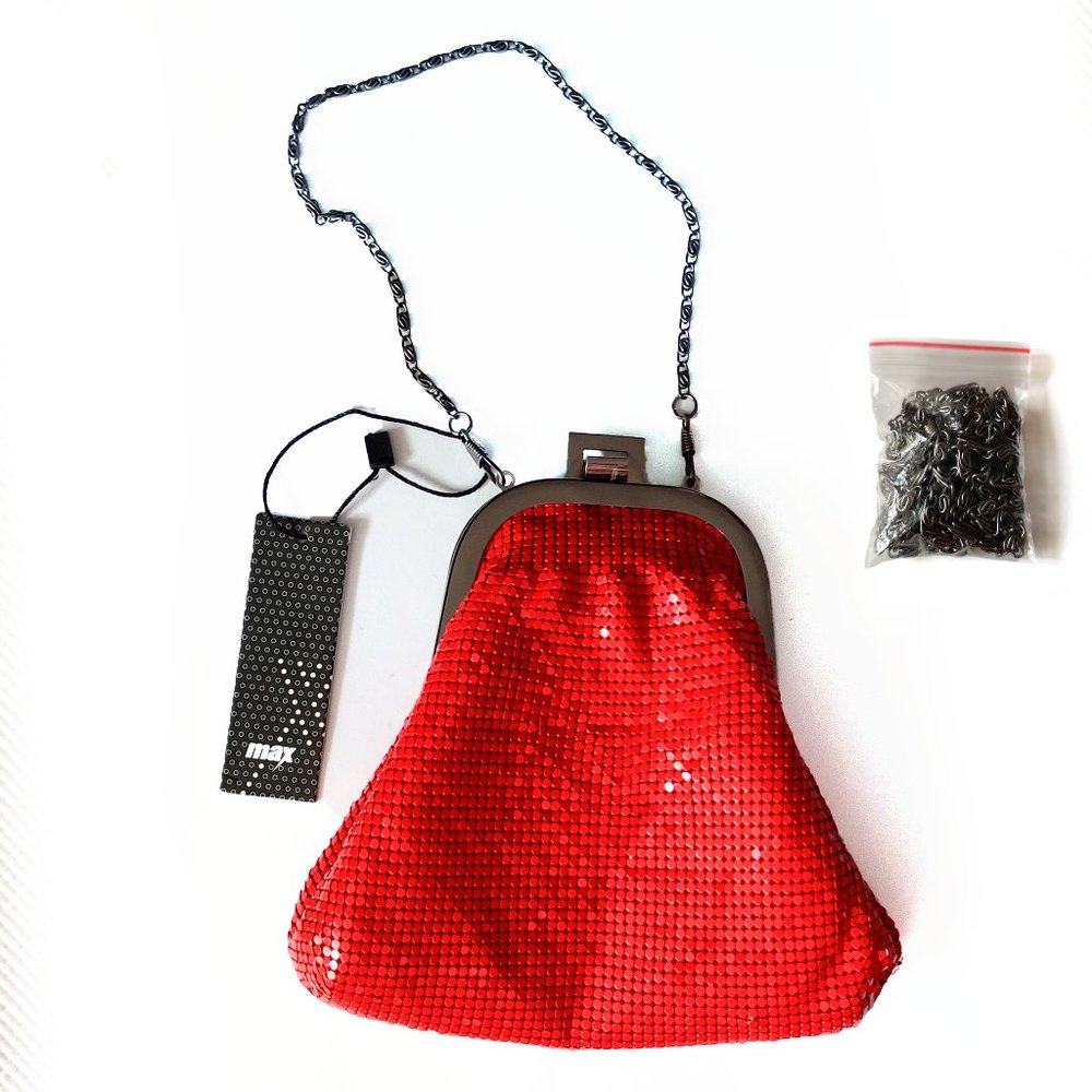 NWT Red Chainmail Metal Mesh Evening Clutch w Pewter Long & Short Chain & Clasp